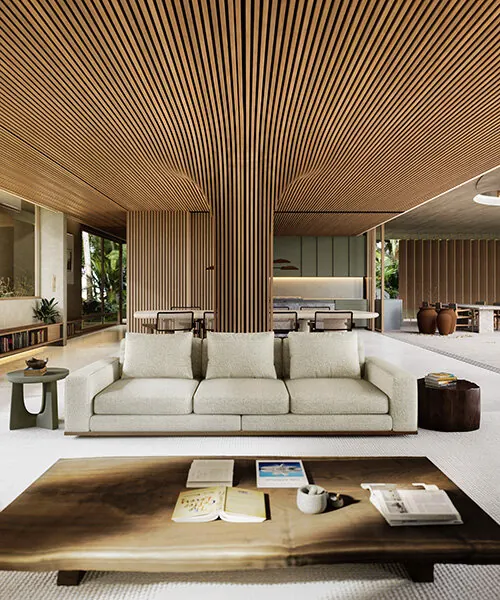 Modern Interior Design with Wood Slat Ceiling, minimal, luxury, warm