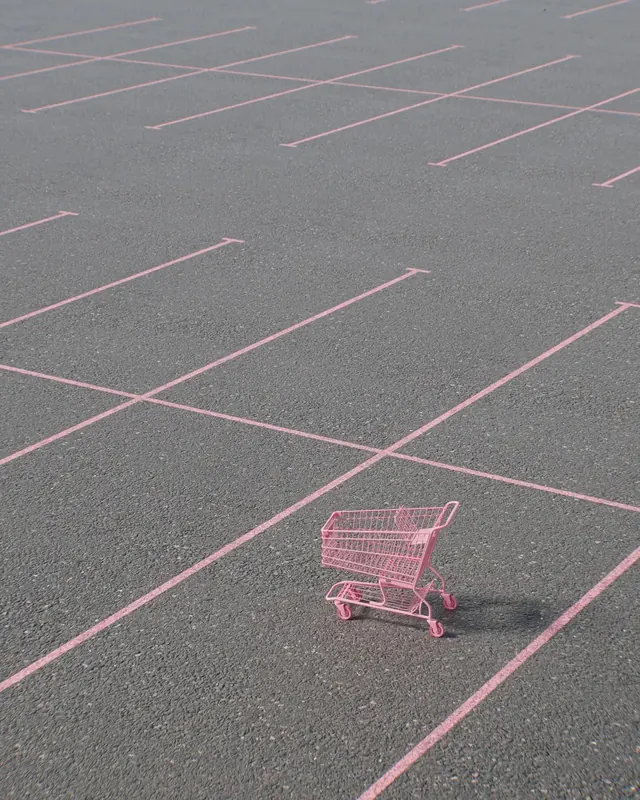 Shopping Cart on Parking Lot, minimal, geometric, high-contrast