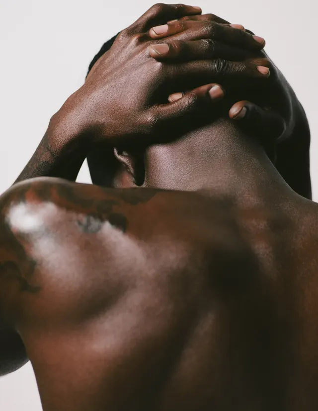 Close-up of Hands and Torso, photographic, minimal, monochrome