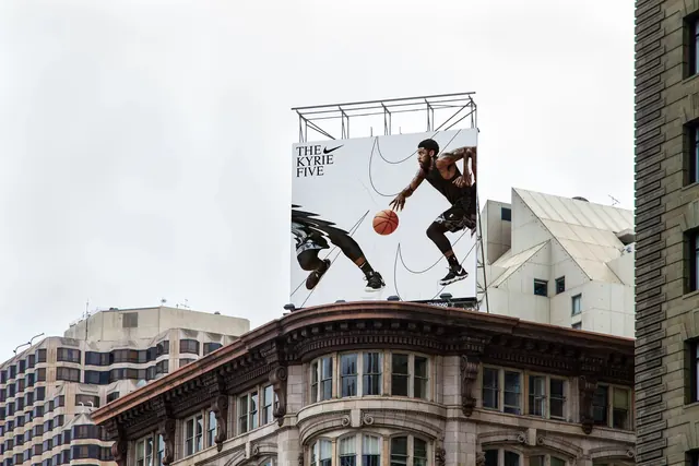Basketball Players on Building, photographic, maximalist, high-contrast