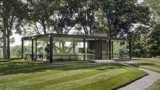 Modern Glass Pavilion in Park, minimal, photographic, earthy