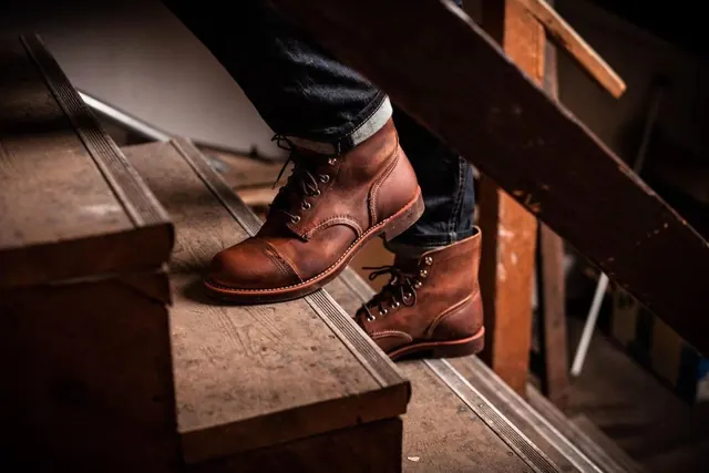 Close-up of Leather Boots on Wooden Stairs, photographic, organic, earthy