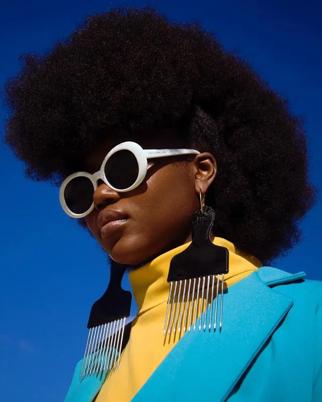Afrofuturistic Portrait with Geometric Accessories, maximalist, high-contrast