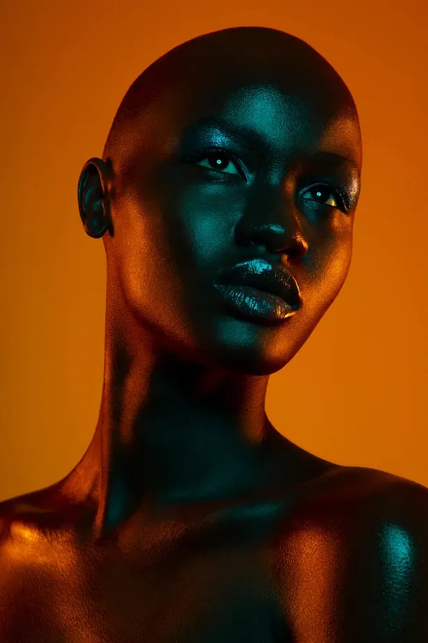 Metallic Portrait with Orange Background, luxury, photographic, vibrant