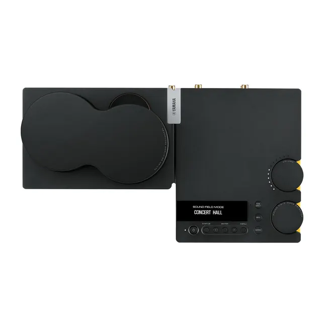 Yamaha AV amplifier product shot, minimal, dark-mode, dark