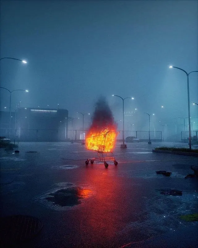 Mystical Fire in Foggy Night, photographic, dark-mode, dark