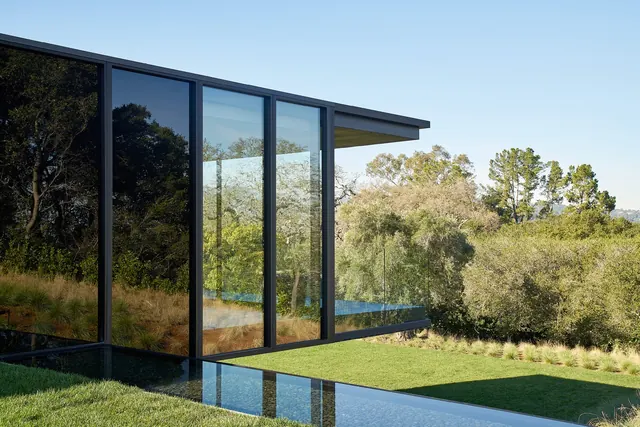 Modern Glass Architecture with Garden, minimal, photographic, light