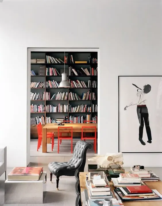 Modern Interior Mockup with Library and Art, minimal, photographic, high-contrast