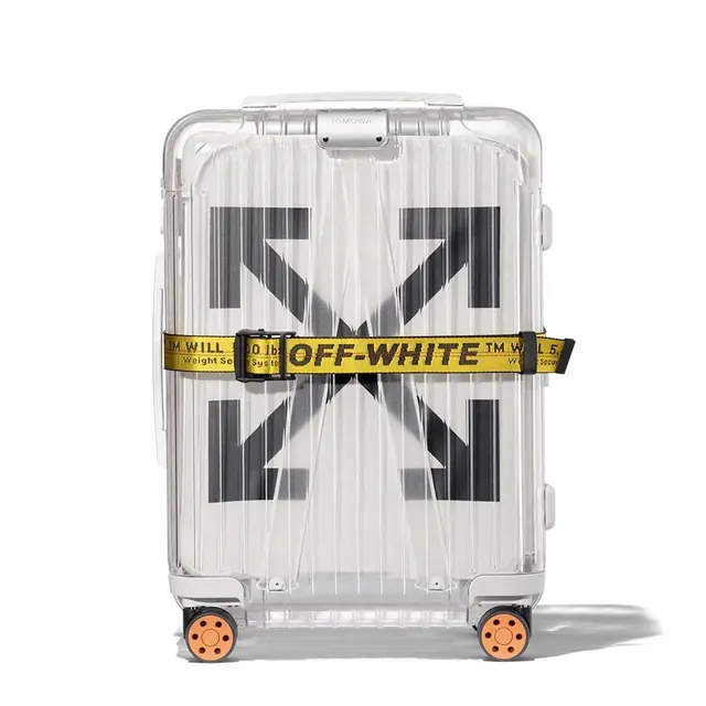 Off-White Branding on Transparent Luggage, minimal, luxury, high-contrast