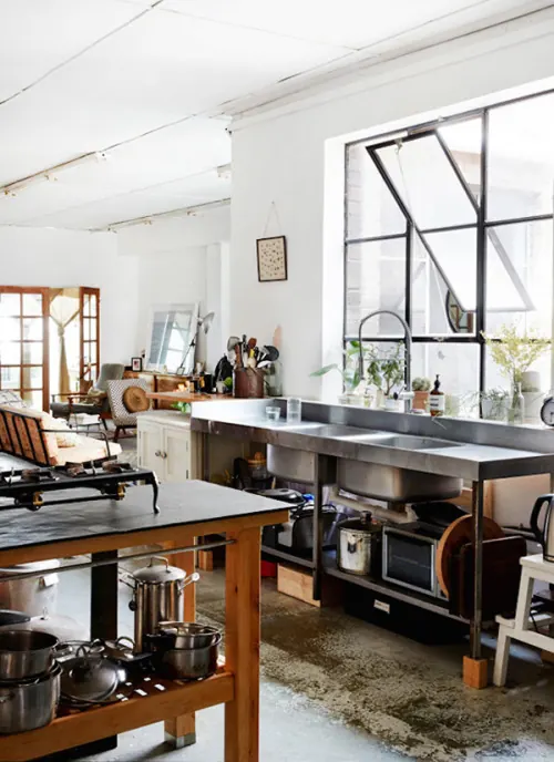 Industrial Kitchen Interior, photographic, minimal, light