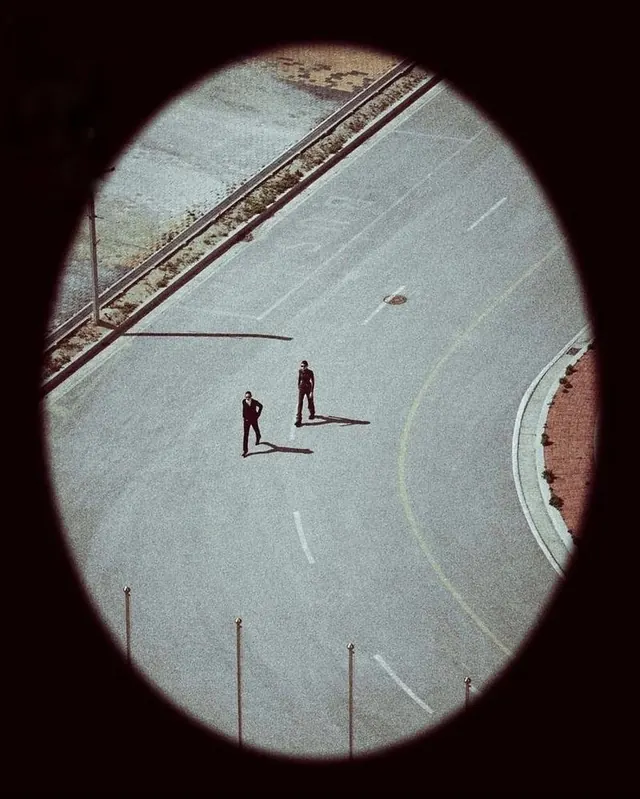 Aerial View of People Crossing a Road, minimal, photographic, muted