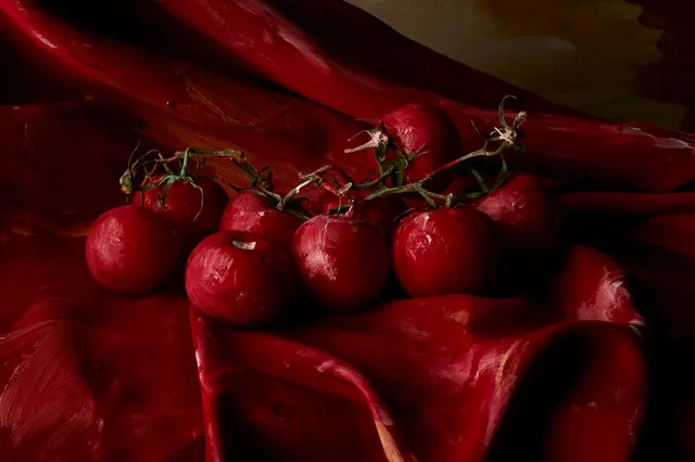 Red Cherries on Fabric, organic, photographic, vibrant