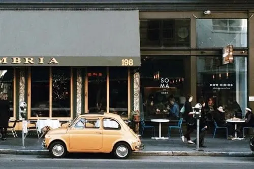 Street Scene with Vintage Car, photographic, retro, vibrant