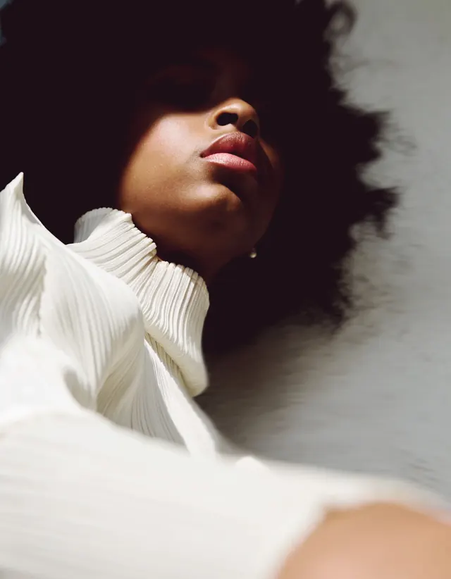 Portrait of a Woman in White Ruffles, photographic, luxury, high-contrast
