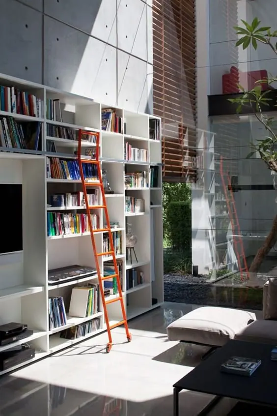 Modern Library Interior with Ladder, minimal, photographic, light