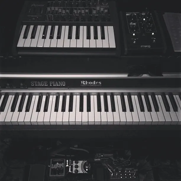 Electronic Keyboard and Synthesizer Setup, photographic, technical, dark