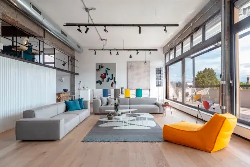 Modern Industrial Loft Office Interior, minimal, photographic, light