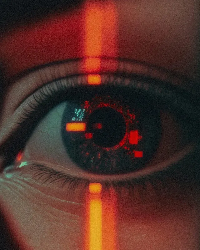 Cybernetic Eye with Laser Overlay, dark-mode, technical, dark