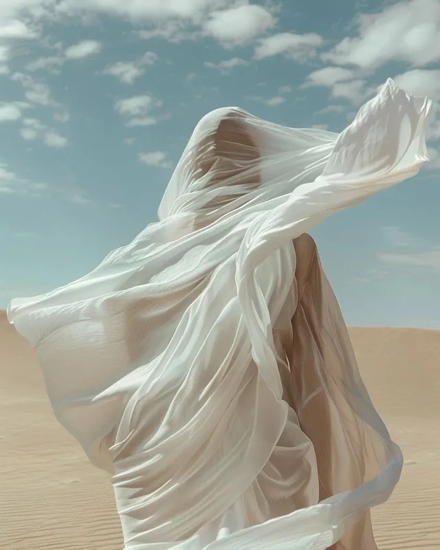 Flowing White Fabric in Desert, organic, photographic, light