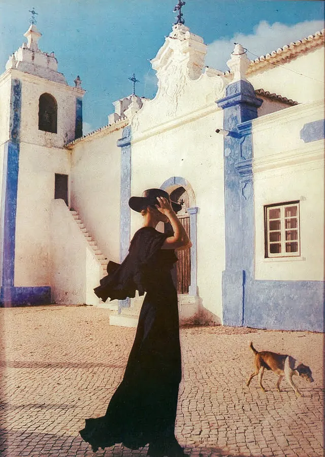 Woman in Hat and Dog in Portuguese Courtyard, photographic, retro, vibrant