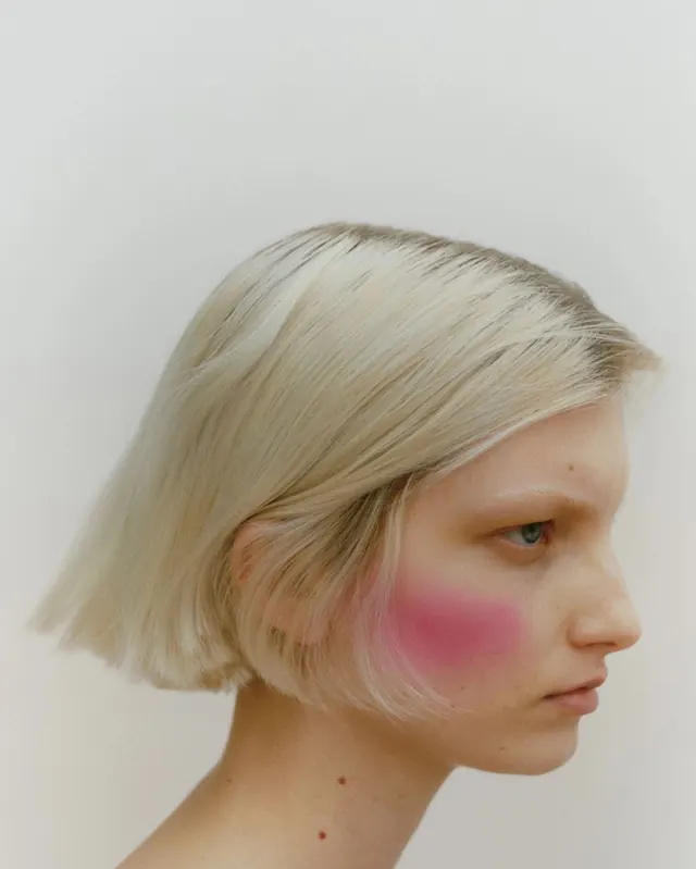 Portrait of a Woman with Pink Blush, minimal, photographic, light