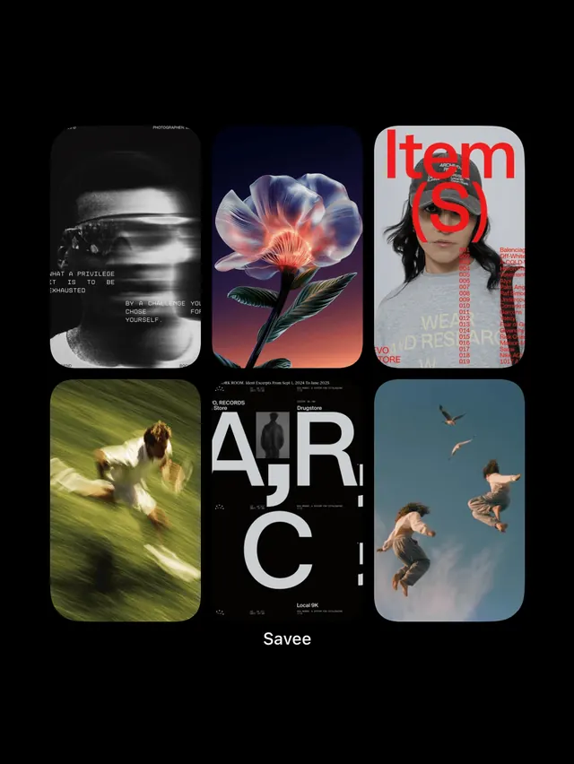 Mobile widget image grid collage, minimal, editorial, dark
