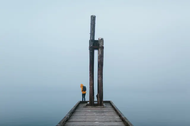 Person on a Pier in Fog, minimal, photographic, light