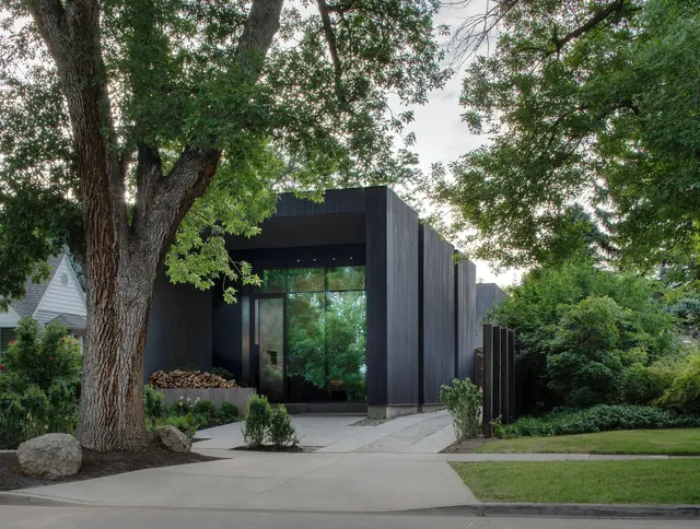 Modernist Architecture with Glass Facade, minimal, photographic, dark