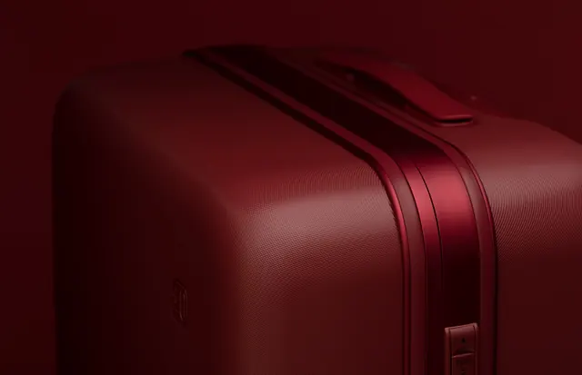 Red Hard-Shell Luggage Mockup, minimal, luxury, warm