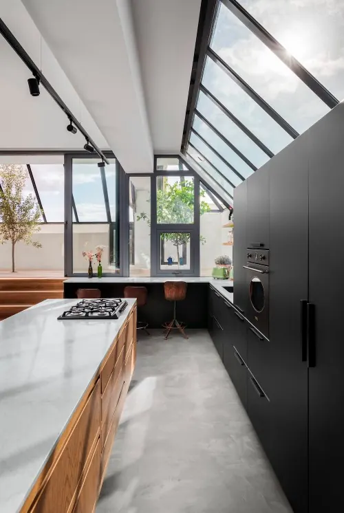 Modern Industrial Kitchen Interior, minimal, photographic, dark