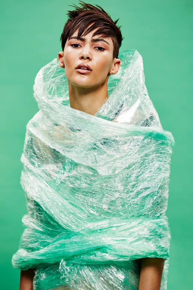 Man Wrapped in Translucent Plastic, photographic, abstract, vibrant