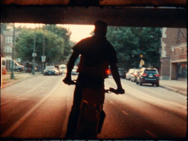 Street Scene with Motorcyclist, photographic, retro, dark
