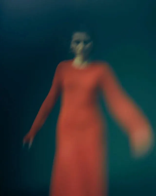 Blurred Figure in Red Dress, abstract, photographic, dark