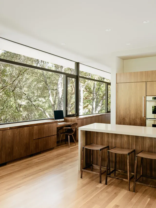 Modern Interior with Wood Paneling and Large Windows, minimal, photographic, warm