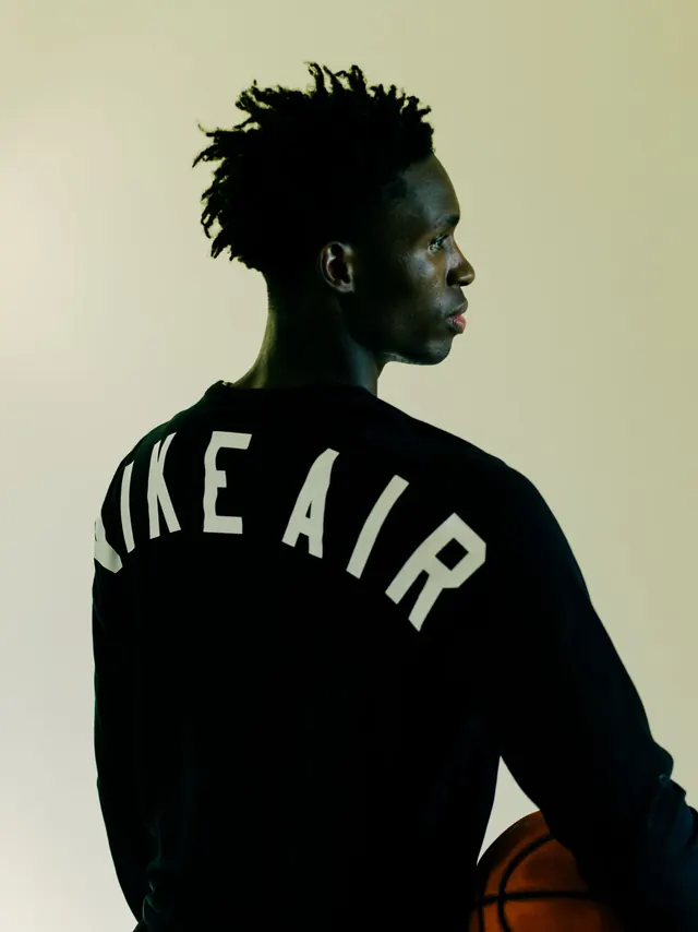 Portrait with 'WEAR' Text Overlay, minimal, photographic, monochrome