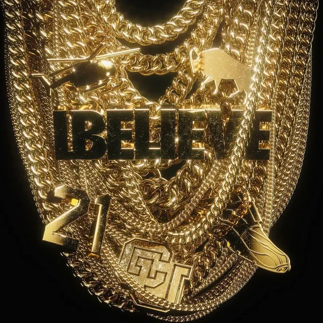 Gold Chain Jewelry Mockup with 'BELIEVE' Wordmark, luxury, maximalist, warm