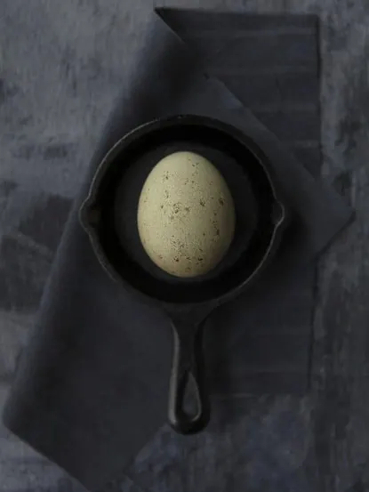 Egg in a Cast Iron Skillet, minimal, organic, dark