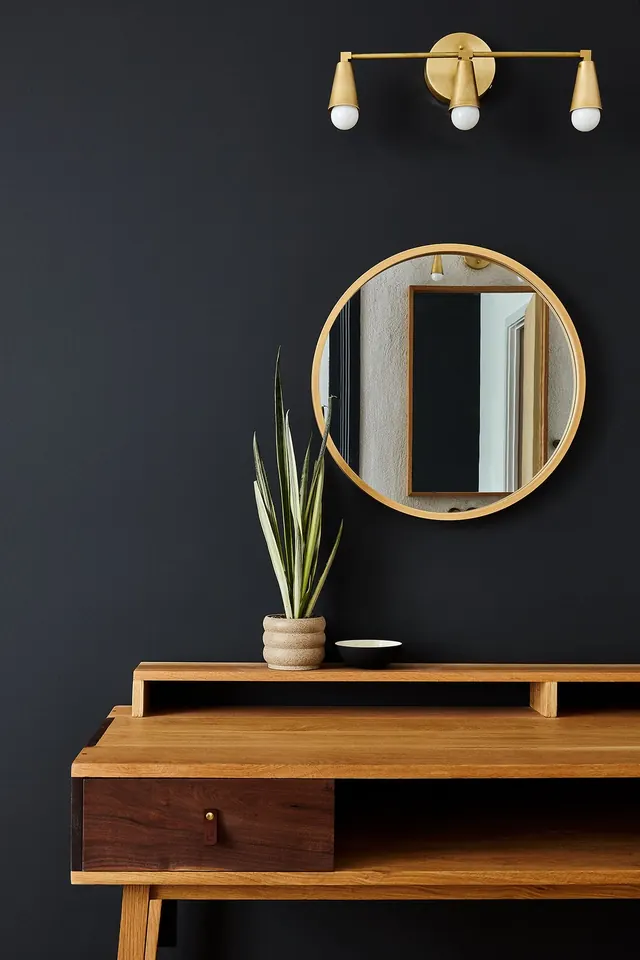 Minimalist Interior Mockup with Circular Mirror, minimal, luxury, dark