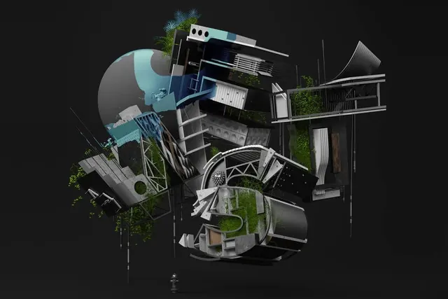Abstract 3D Architectural Collage, maximalist, 3d-render, dark