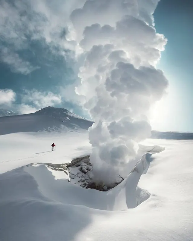 Volcanic Eruption in Snow, photographic, organic, high-contrast