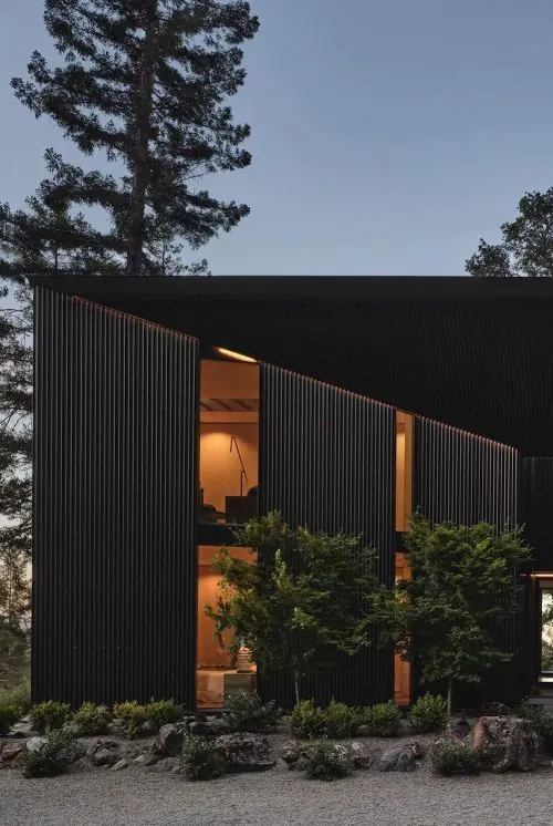 Modernist Architecture with Vertical Siding, minimal, photographic, dark