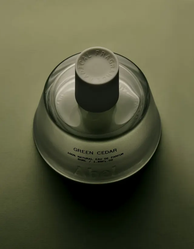 Green Cedar Perfume Bottle, minimal, luxury, muted