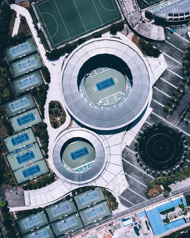 Aerial View of Stadium Complex, geometric, technical, vibrant