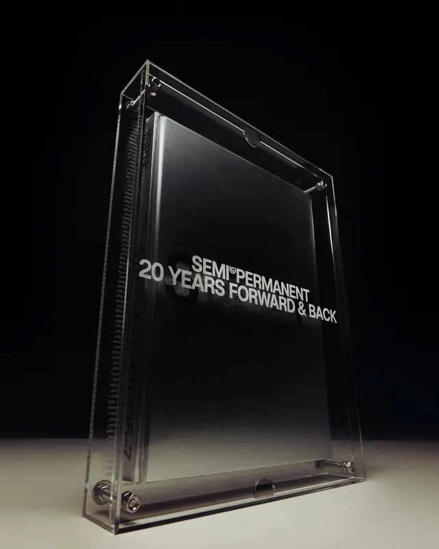 Semi Permanent anniversary book in acrylic case, minimal, luxury, dark