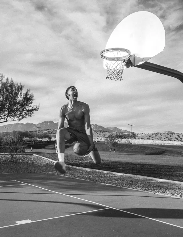 Basketball Player in Monochrome Landscape, monochrome, photographic, monochrome