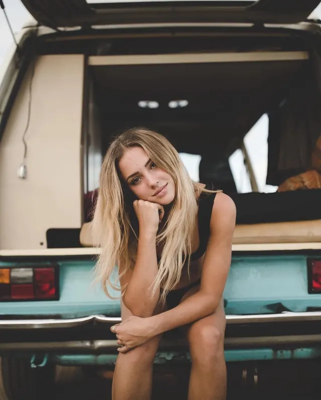 Woman in Vintage Van, photographic, retro, warm