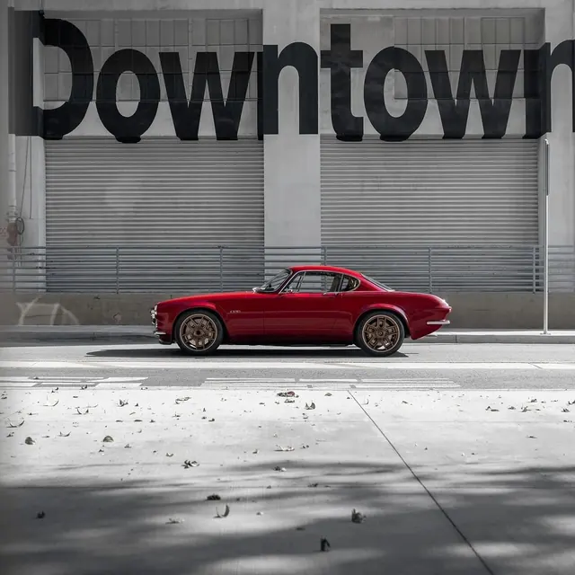 Red Sports Car in Downtown Setting, minimal, photographic, high-contrast