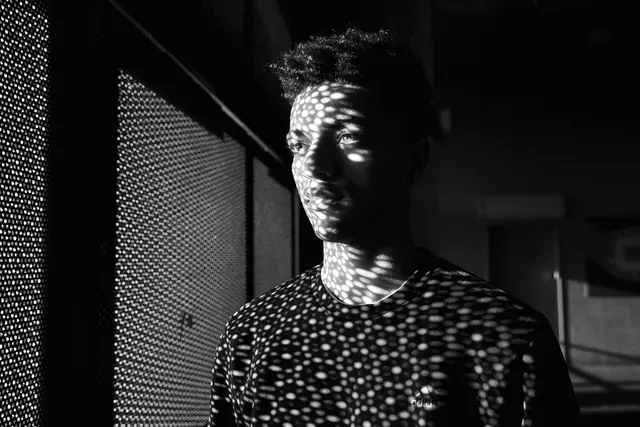 Monochrome Portrait with Pattern Overlay, monochrome, brutalist, monochrome