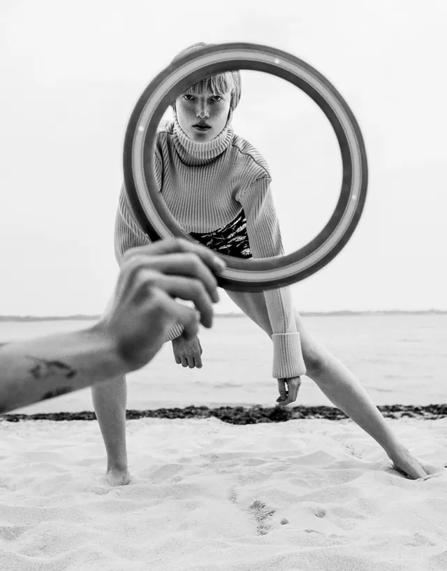 Surrealist Beach Portrait with Geometric Ring, minimal, monochrome, monochrome
