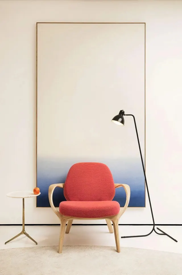 Minimalist Interior Mockup with Red Chair, minimal, flat, vibrant